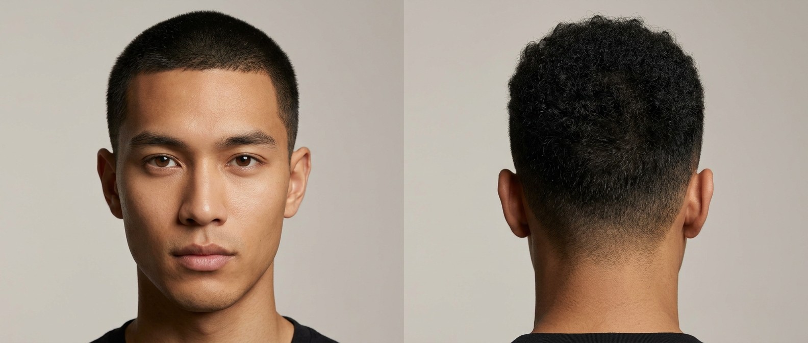Front- und Rückansicht eines jungen Mannes mit ultra-kurzem Buzz Cut, Taper Fade und präzisem Line-up bei stark gelocktem Haar.