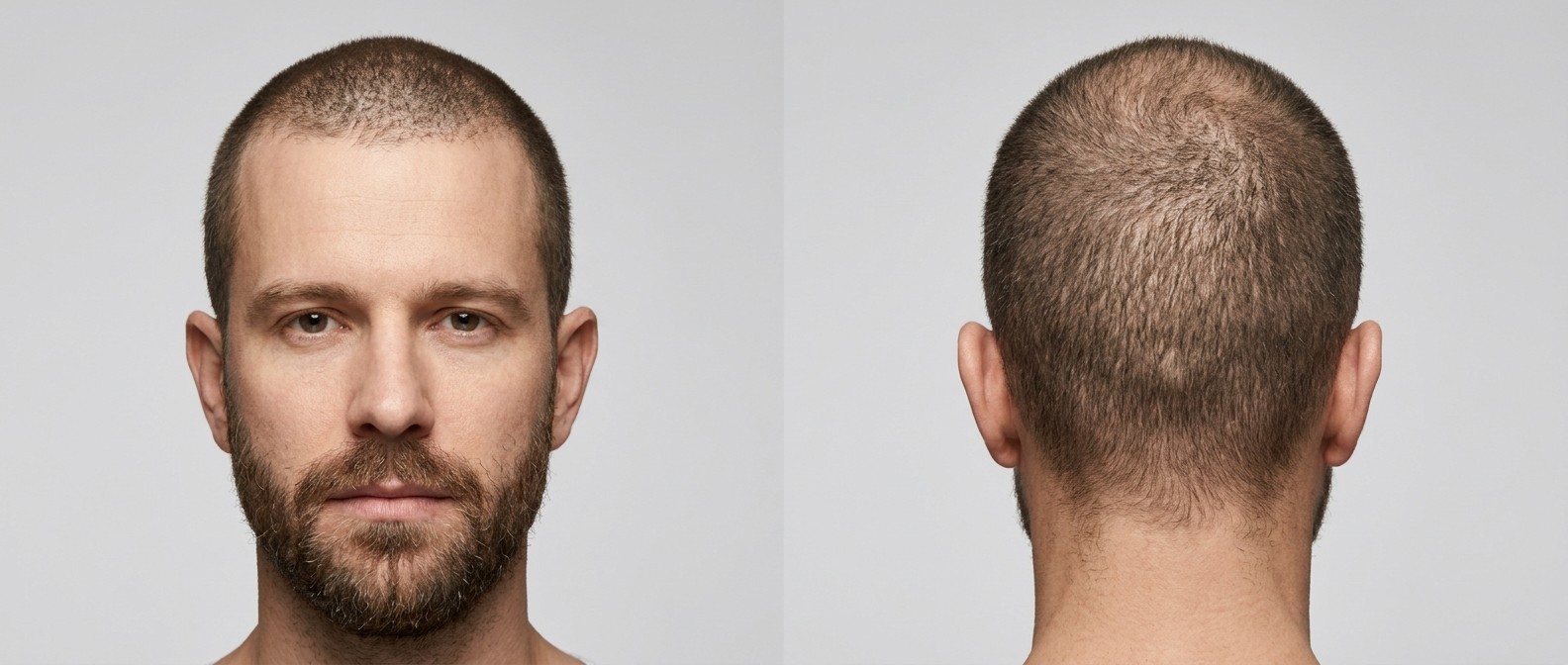 Front and back view of a 40-year-old Caucasian man with a short uniform buzz cut, fine brown hair, and a neatly trimmed beard on a grey background.