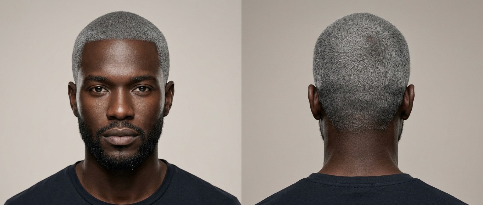 Vista frontal y posterior de un hombre negro con buzz cut plateado muy corto, barba negra contrastante y rostro diamante.