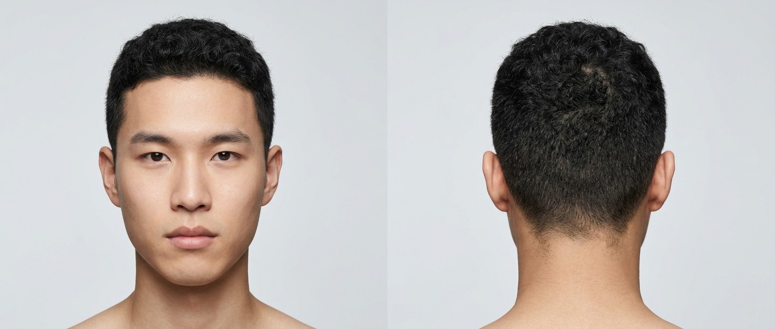 Hombre asiático con buzz cut rizado texturizado, con taper natural en los laterales y ondas visibles en la parte superior.