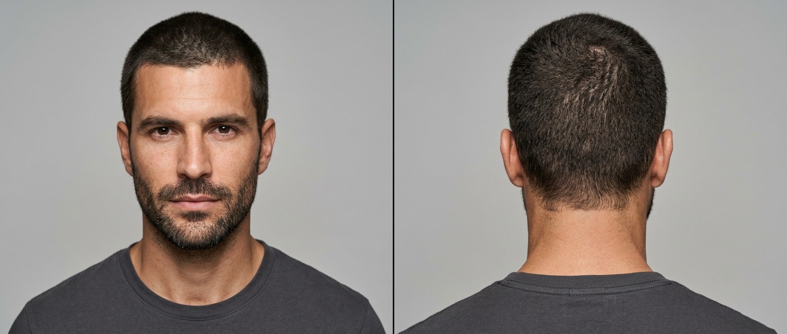 Front and back view of a rugged 35-45 year old man with a uniform buzz cut, natural widow's peak, and short stubble beard against a grey background.