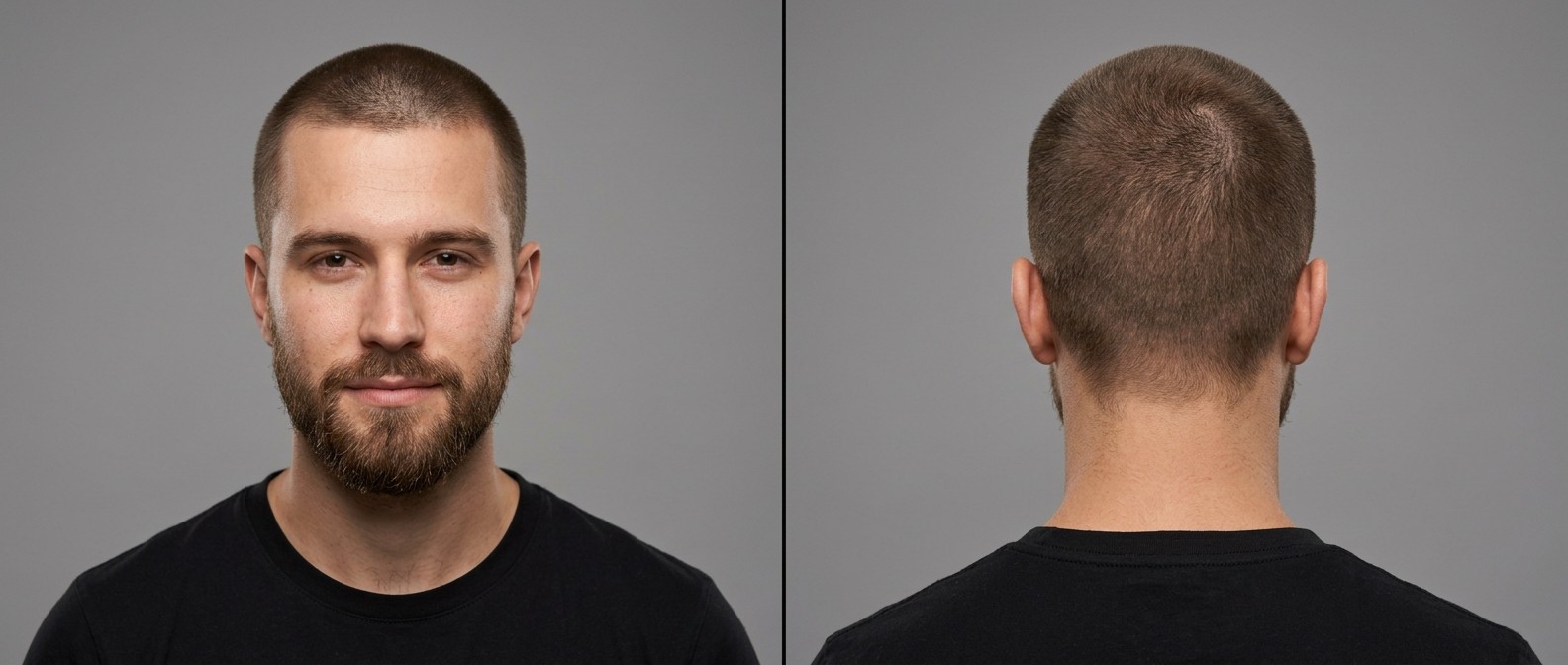 Front and back view of a young Caucasian man with a classic uniform buzz cut, receding hairline, and a well-groomed brown beard on a gray background.