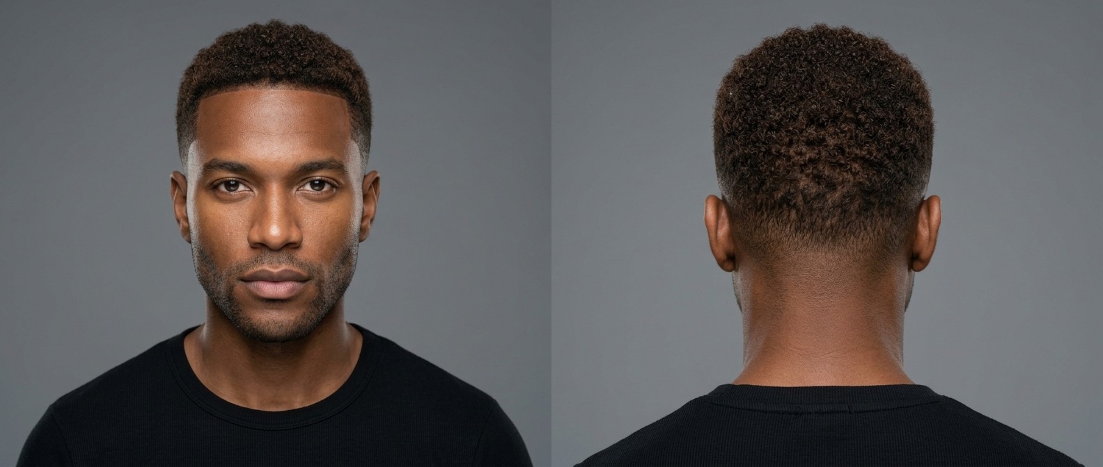 Front and back view of a Black man with a short buzz cut, featuring Type 4 curls, a crisp line-up, tapered sides, and a neat stubble beard.
