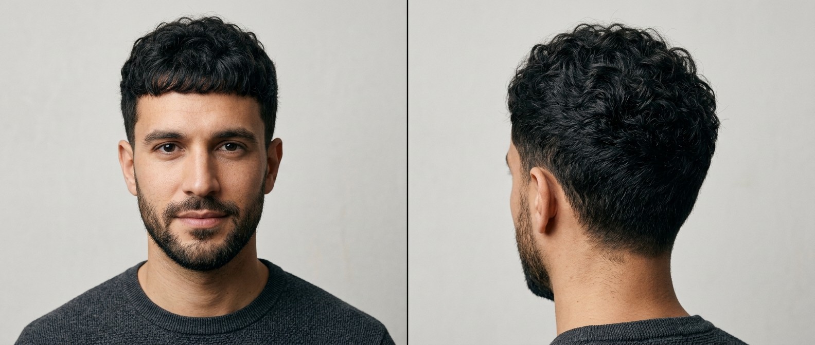 Front and back view of a young man with a curly Caesar cut featuring a textured forward-swept fringe, low tapered sides, and a short neat beard.