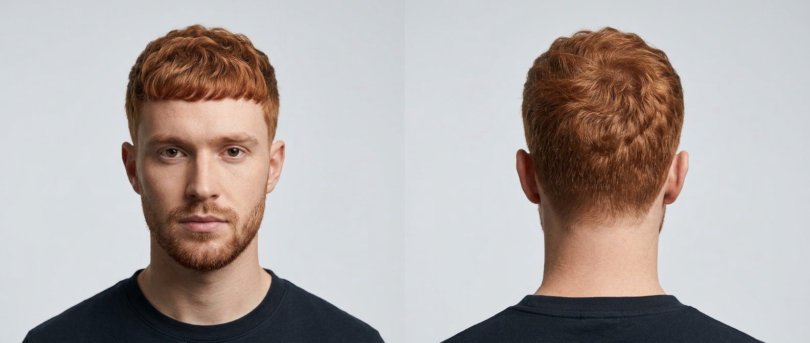 Young Caucasian man with short red hair and a beard modeling a textured wavy Caesar cut with a blunt fringe and tightly tapered sides.