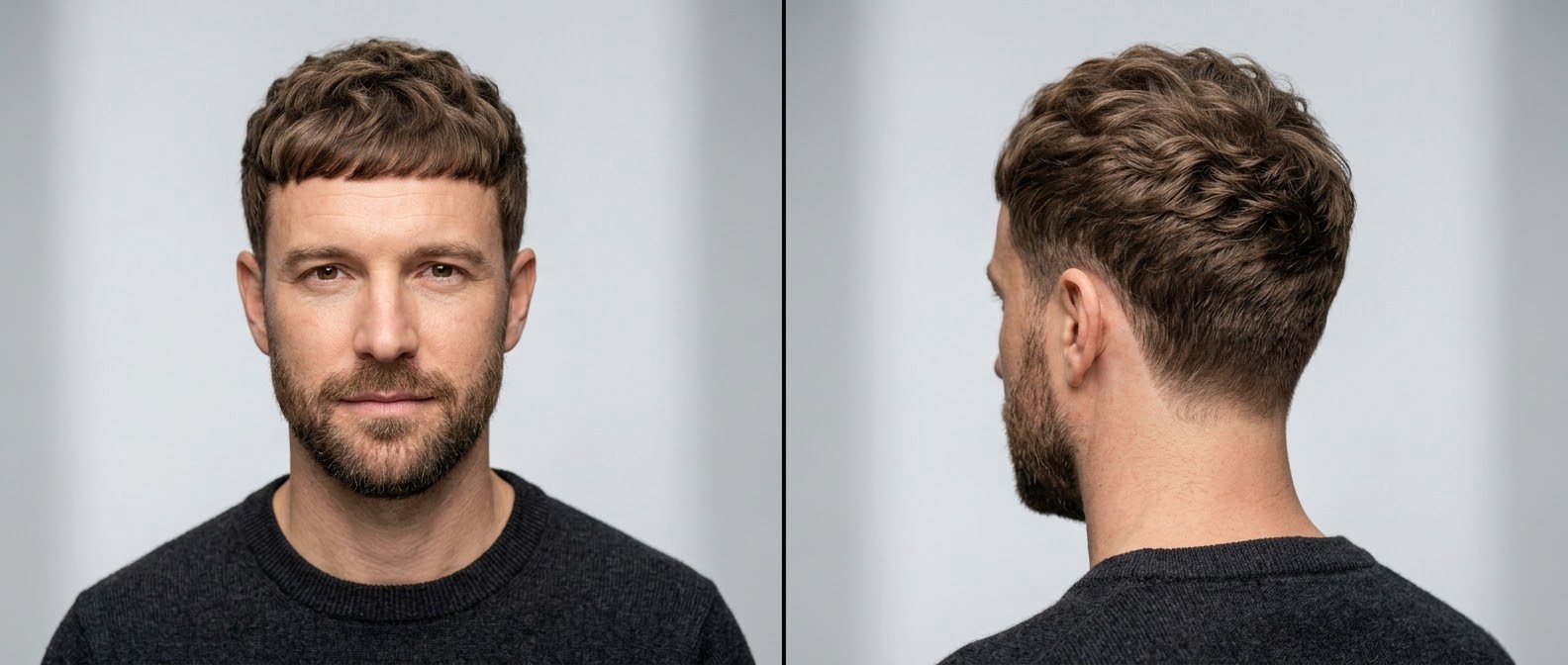 Front and side view of a 35-45 year old man with a textured wavy Caesar cut, choppy fringe, soft tapered sides, and a short brown beard.