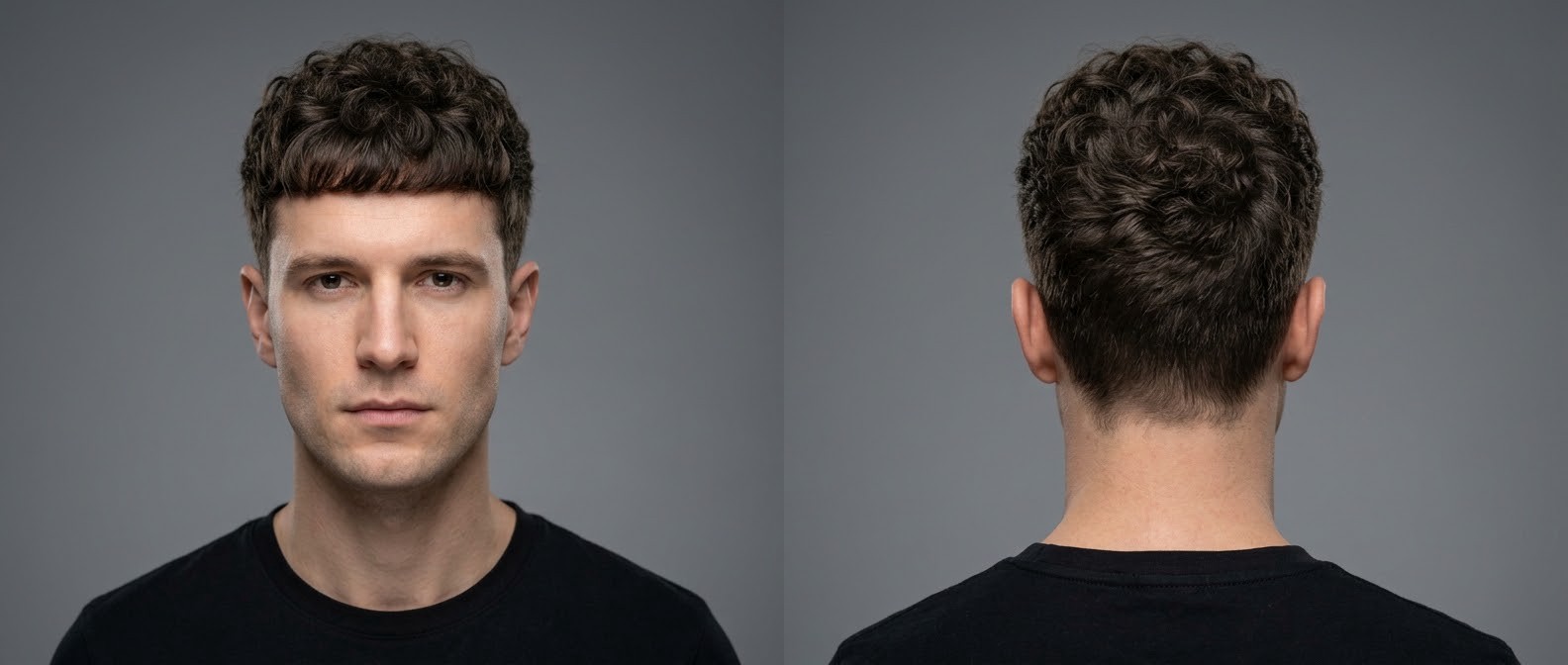 Front and back view of a Caucasian man with dark brown Type 3 curly hair wearing a textured Caesar cut with a blunt fringe and short tapered sides.