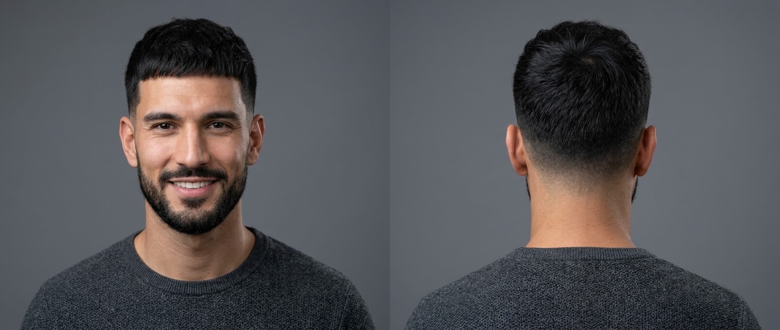 Front and back view of a handsome young Caucasian man with black hair modeling a modern textured Caesar cut with a mid skin fade and a short beard.