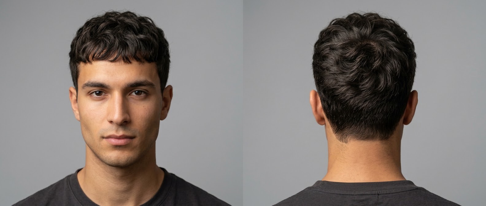 Front and back view of a young man with olive skin wearing a modern wavy Caesar cut with soft tapered sides and a textured, piecey front fringe.