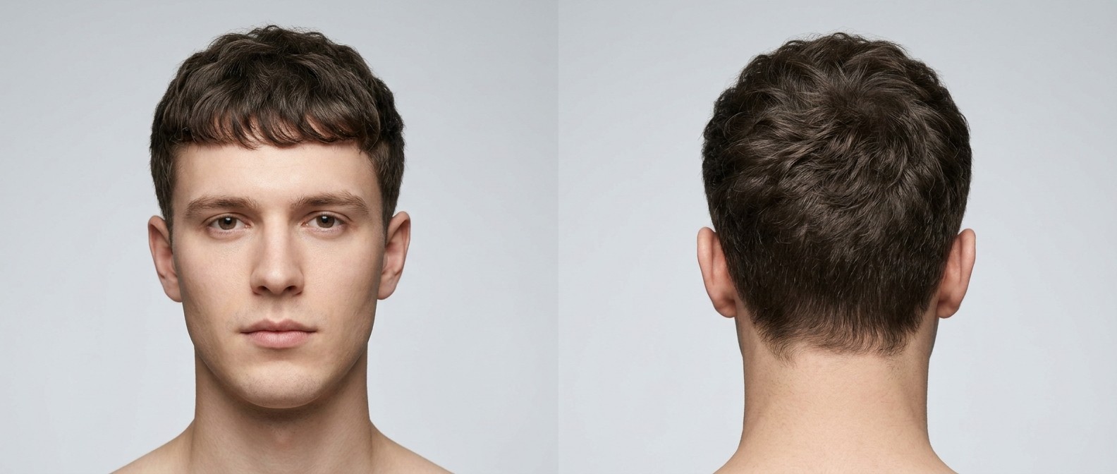 Front and back view of a young man with a textured wavy Caesar cut, featuring a choppy forward-swept fringe and softly tapered short sides.