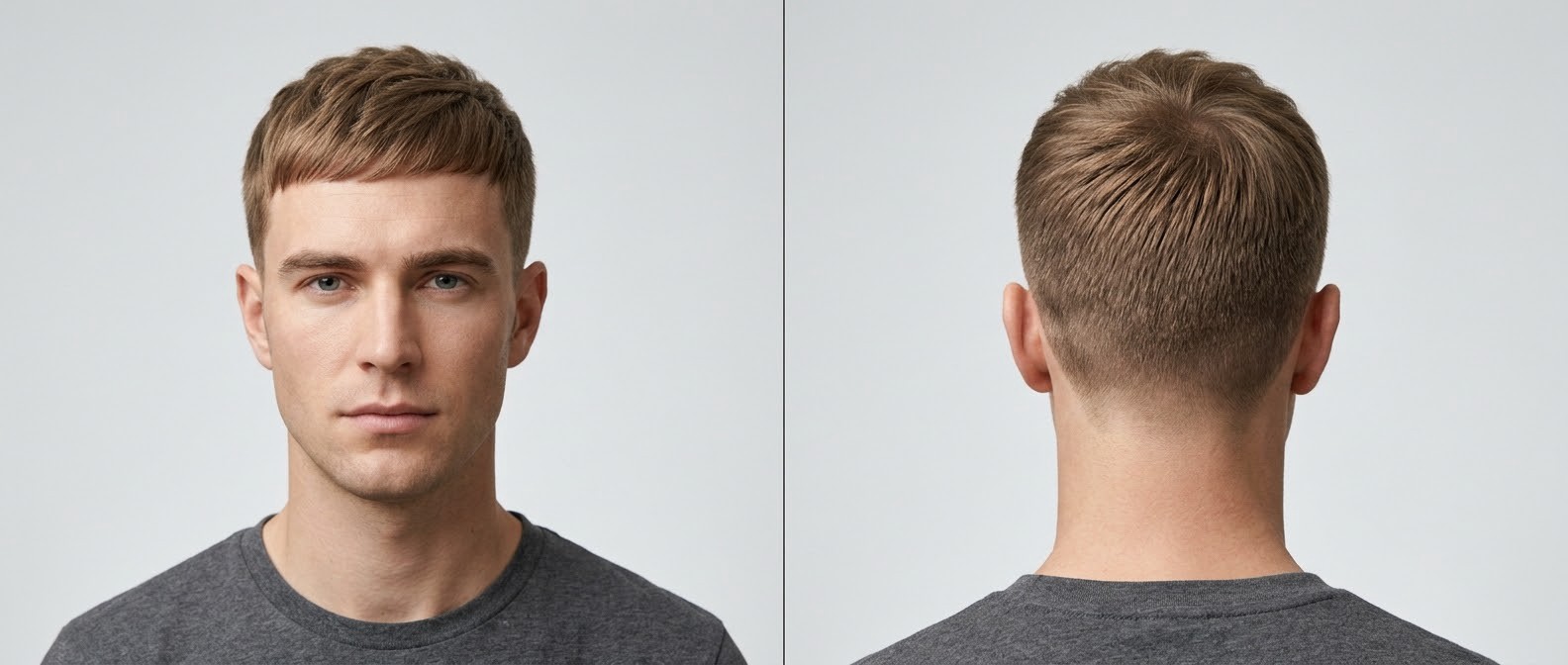 Front- und Rückansicht eines Mannes mit modernem Textured Caesar Cut, kurzen Taper-Seiten, fransigem Pony und glattem braunem Haar.