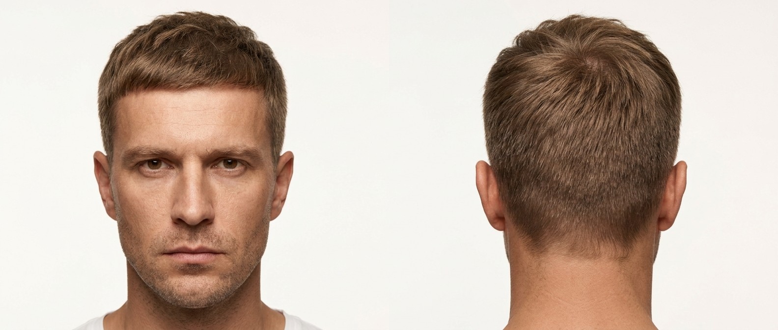 Front and back view of a Caucasian man with a classic textured Caesar haircut, featuring a short straight fringe, tapered sides, and light stubble.