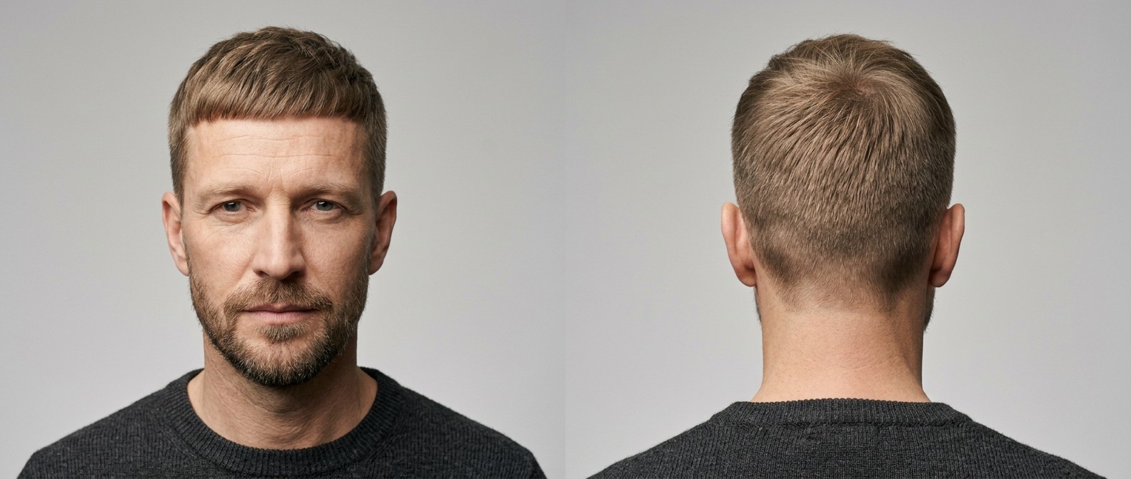 Front and back profile view of a mature man modeling a classic textured Caesar cut, featuring a blunt forward fringe, short tapered sides, and a short beard.