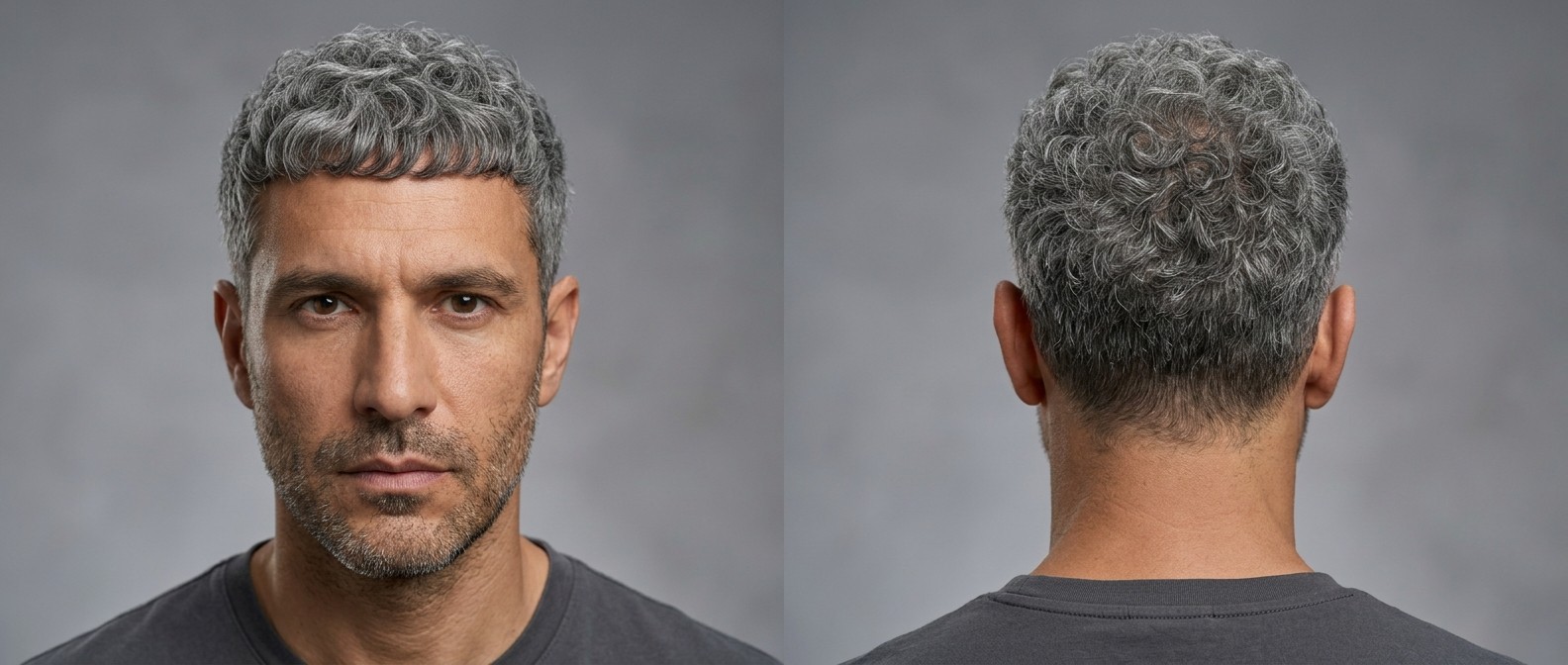 Front and back view of a 40-year-old man with a silver curly Caesar cut, featuring a textured fringe, short tapered sides, and defined Type 3 curls.