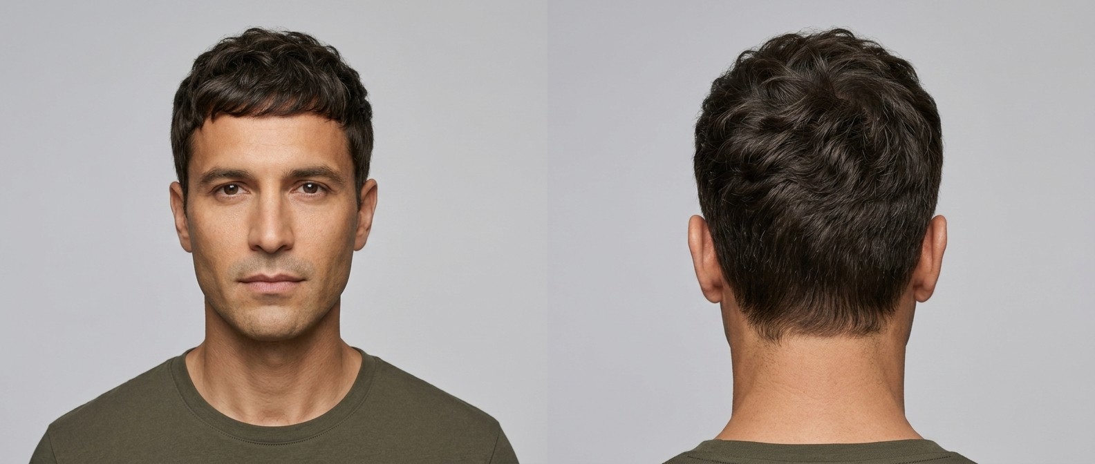 Front and back view of a Caucasian man with dark brown wavy hair wearing a textured Caesar cut with a forward-swept fringe and softly tapered sides.