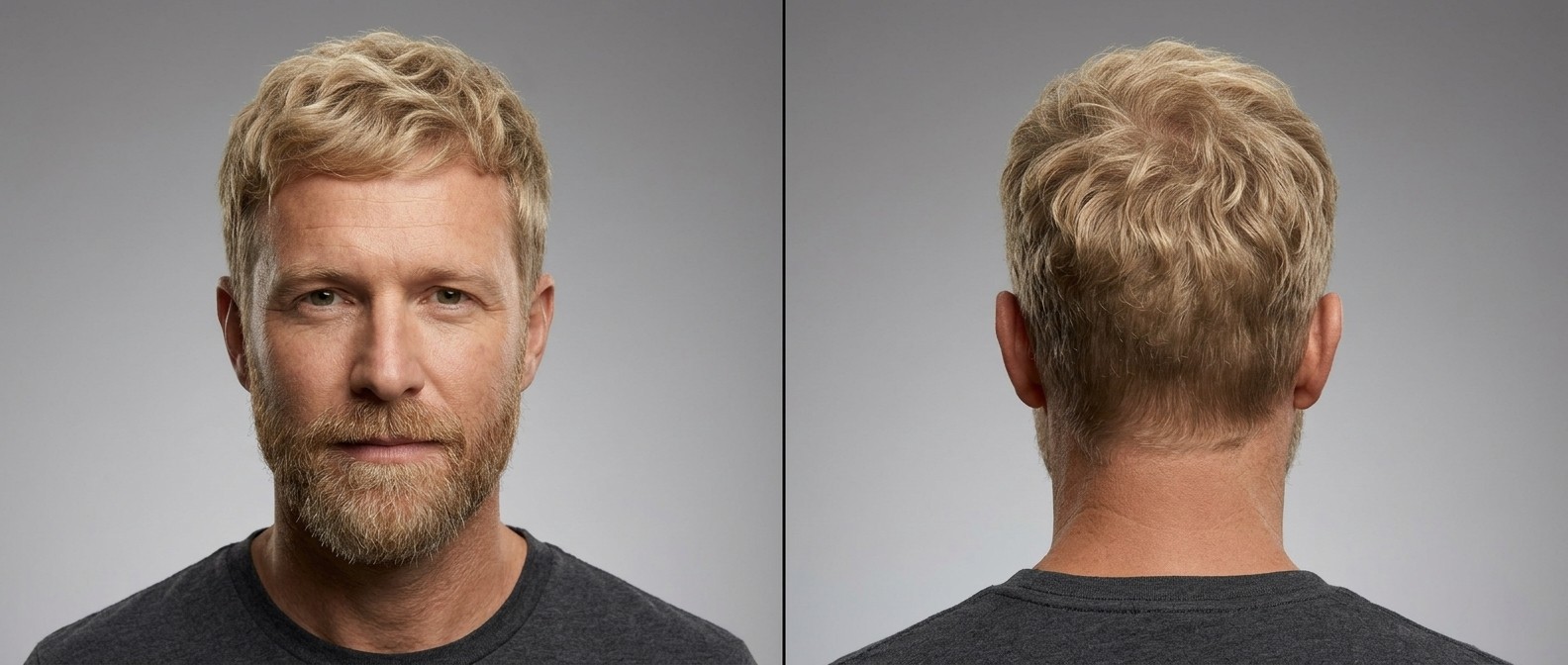 Front and back view of a mature caucasian man featuring a blonde, wavy Caesar cut and short beard, styled forward to conceal a receding hairline.