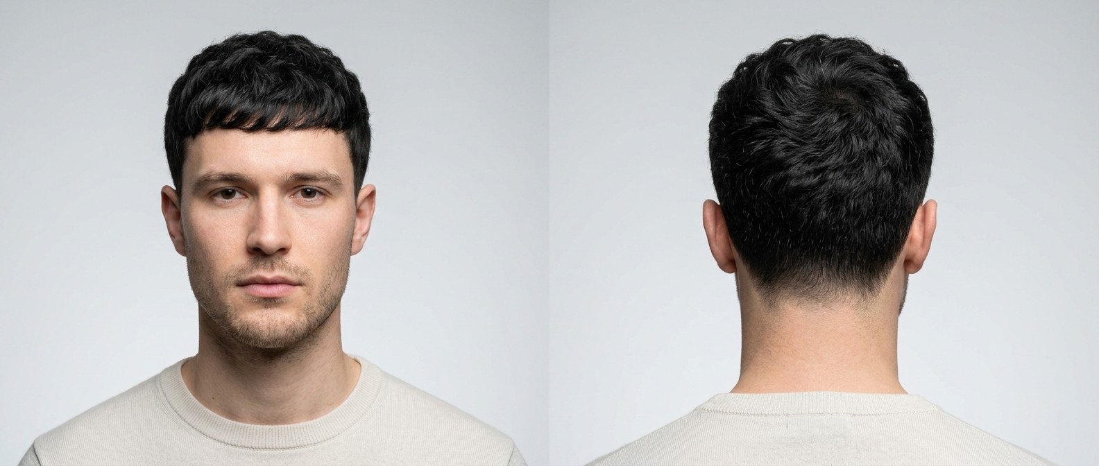 Front and back view of a young man with a textured, wavy Caesar haircut featuring short tapered sides, a choppy forward fringe, and natural dark hair.