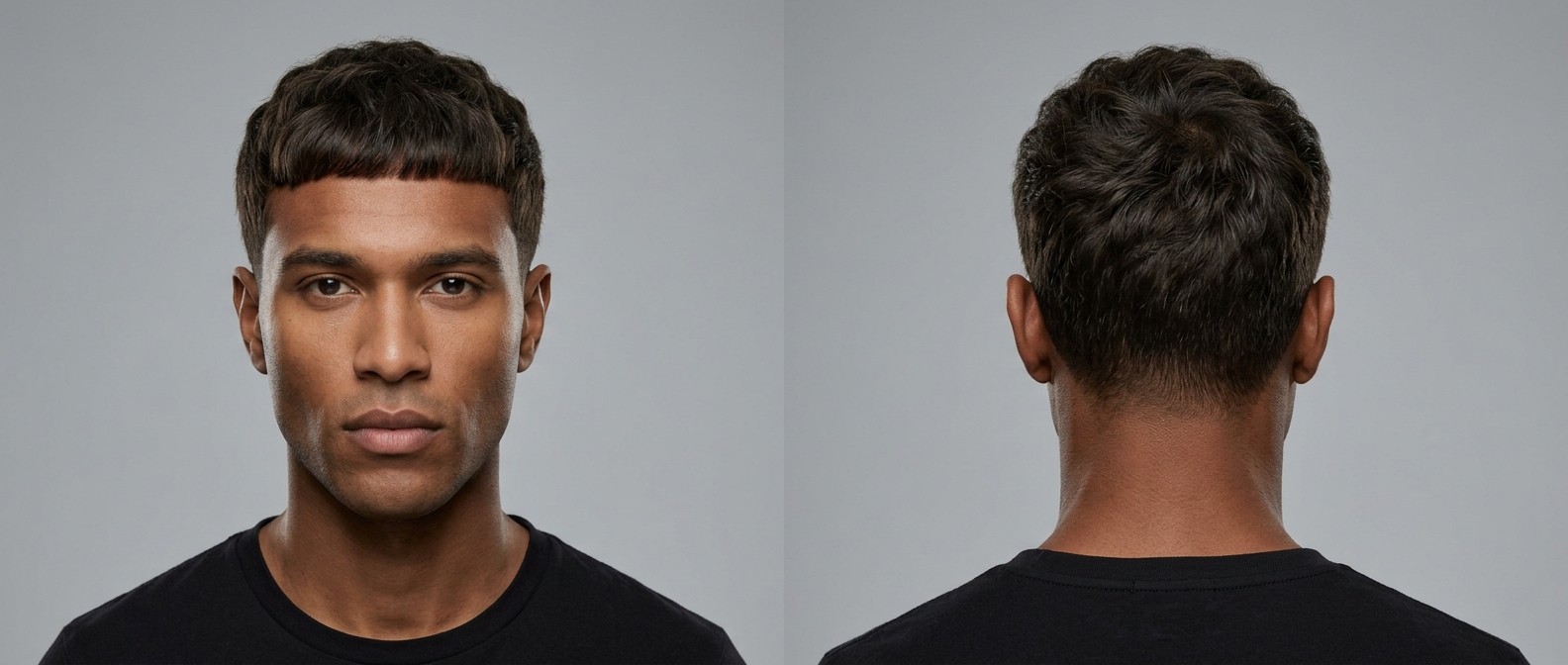 Front and back view of a dark-skinned male model sporting a wavy textured Caesar cut with a blunt straight fringe and short tapered sides.