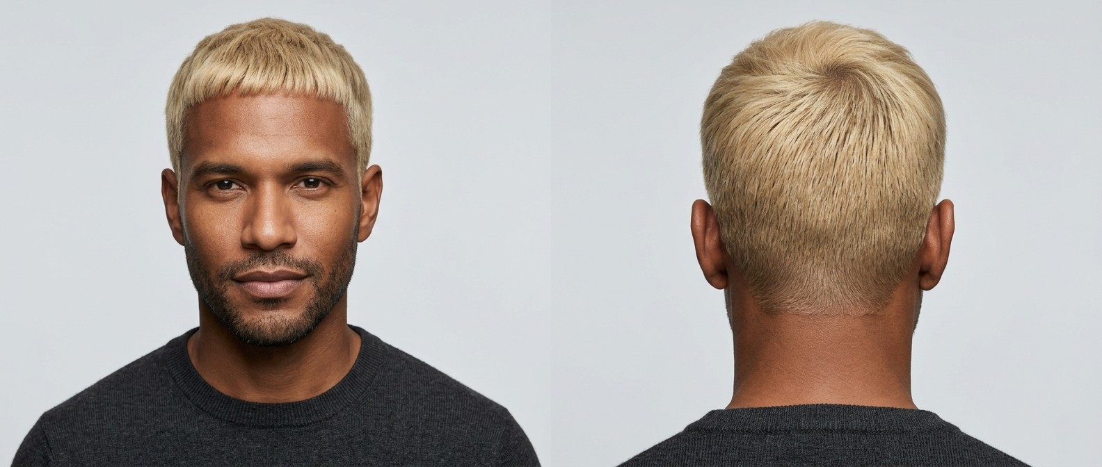 Dark-skinned man with a striking blonde Caesar cut, featuring a blunt straight fringe, short tapered sides, and a neat forward-styled top.