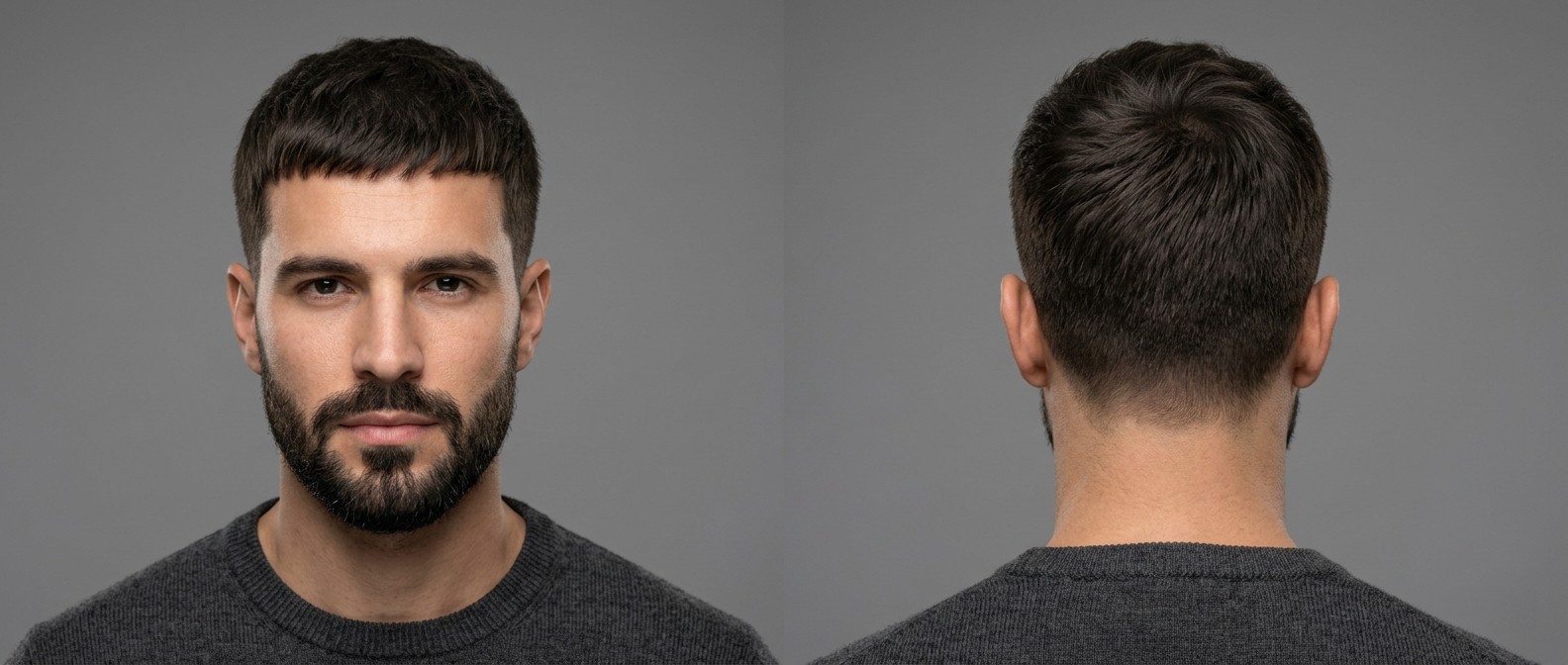 Front and back view of a Caucasian man with a dark brown textured Caesar cut, short tapered sides, blunt fringe, and a groomed beard.