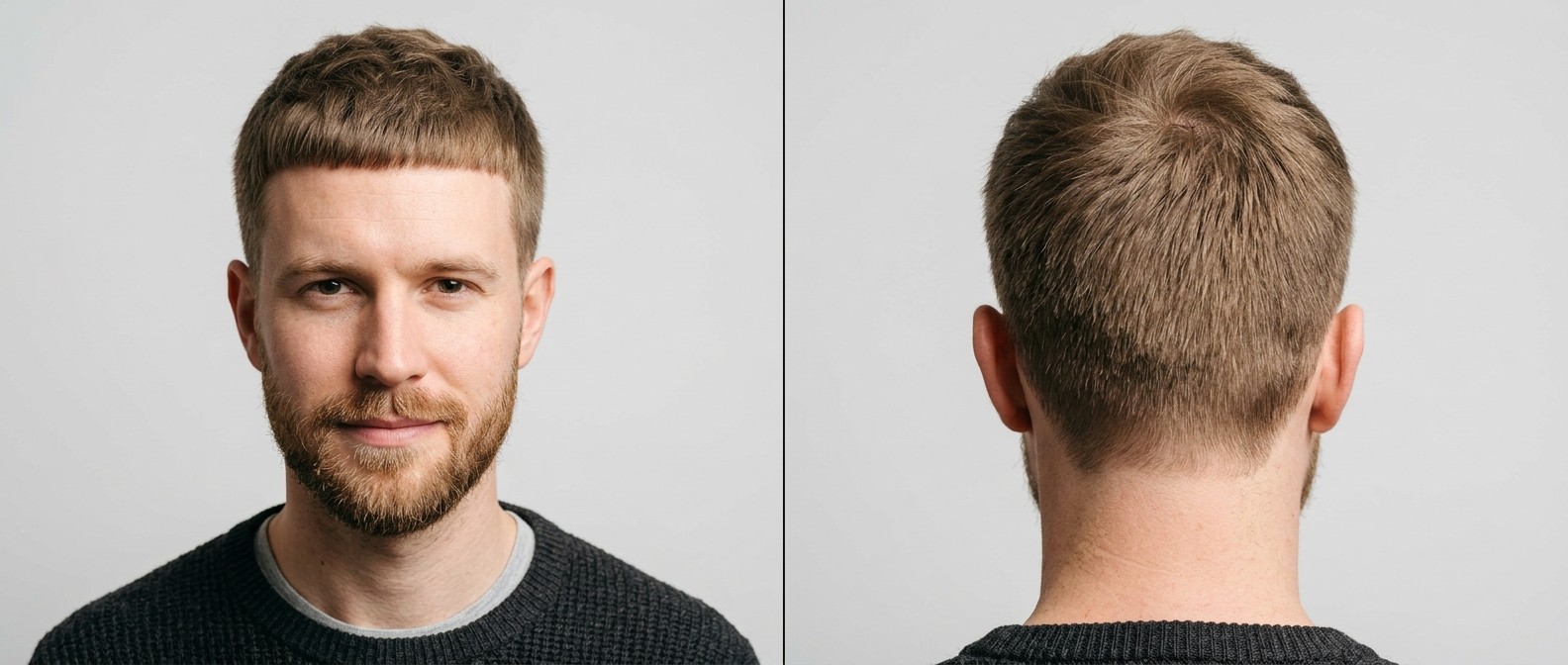 Front and back view of a Caucasian man with a textured Caesar haircut, featuring a blunt fringe, short tapered sides, and a well-groomed short beard.