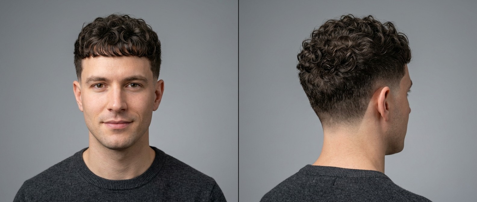 Young Caucasian man with a Modern Curly Caesar Cut featuring a mid drop fade on the sides and textured Type 3 curls swept forward into a fringe.
