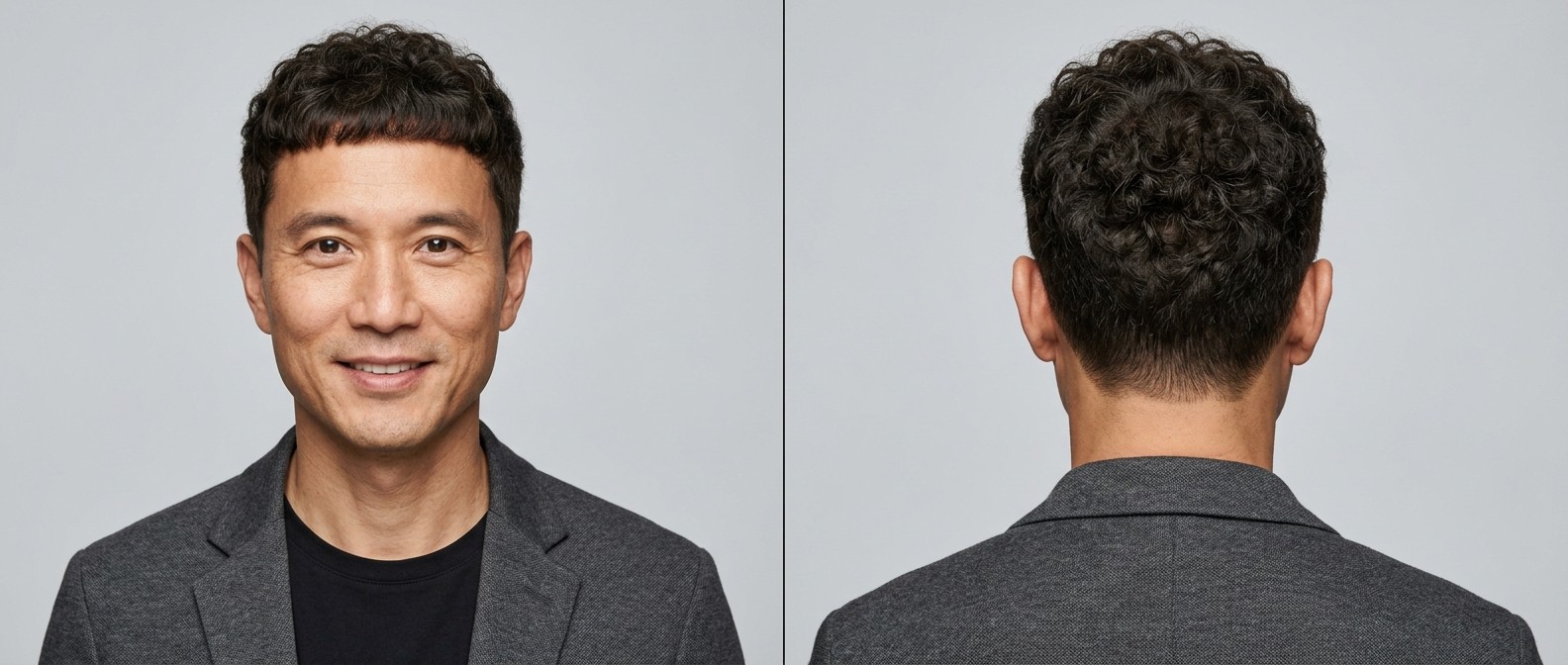 Mature Asian man with a curly Caesar haircut featuring short tapered sides, textured forward-swept fringe, and natural wavy top. Front and back view.
