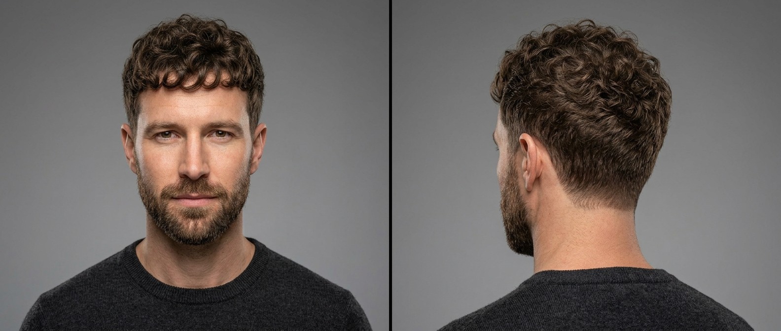 Front and back view of a 40-year-old Caucasian man with a curly Caesar cut, featuring short tapered sides, a textured fringe, and a short beard.