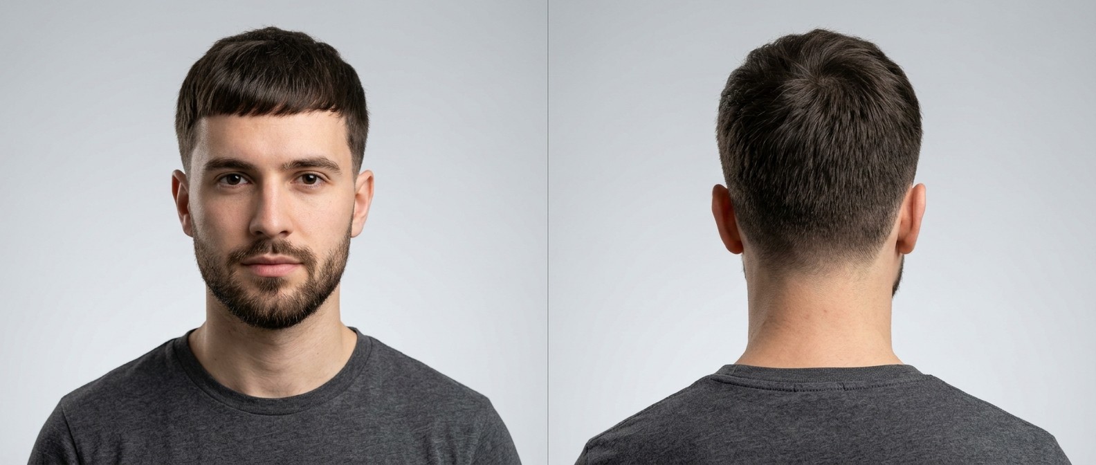 Front and back view of a young Caucasian man with a classic Caesar haircut, featuring a blunt fringe, tapered sides, and a well-groomed short beard.