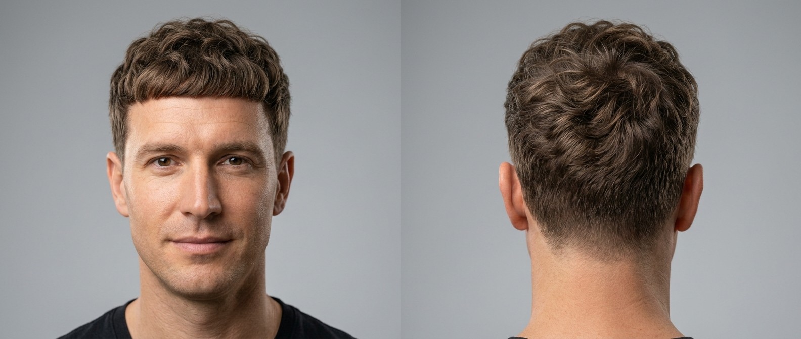 Front and back view of a 40-year-old Caucasian man with a textured wavy Caesar cut, featuring a blunt forward fringe and cleanly tapered short sides.