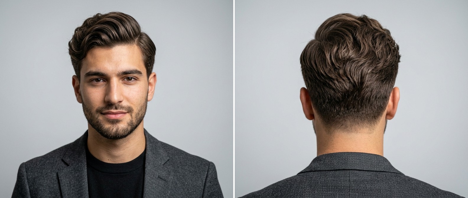 Front and back view of a young man with a wavy classic comb over hairstyle, featuring thick brown hair, tapered sides, and a short groomed beard.