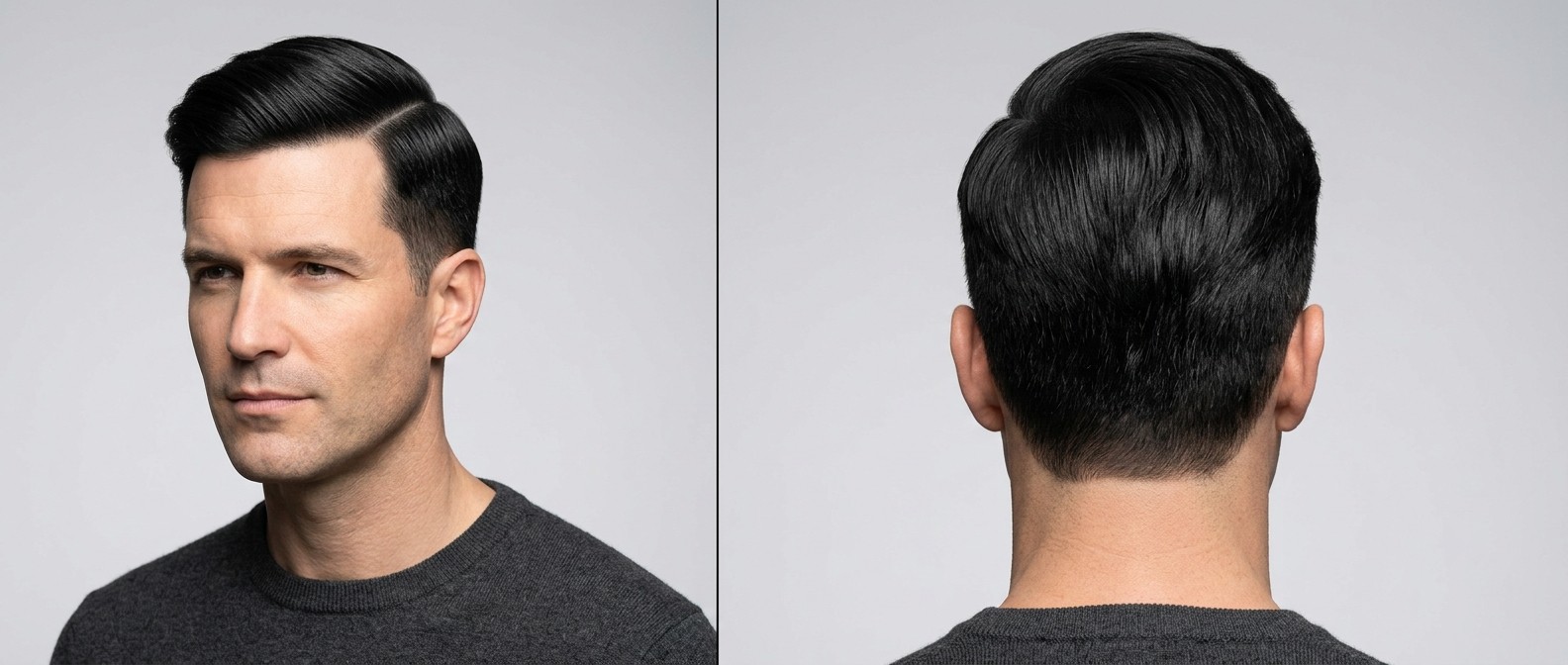 Mature man with thick black hair elegantly styled in a classic formal comb over featuring a sharp side part, tapered sides, and a clean neckline.