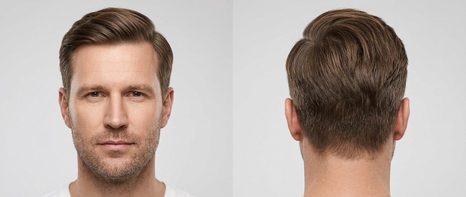 Front and back view of a mature man with a classic executive comb-over hairstyle, featuring tapered sides and a styled medium-length top.