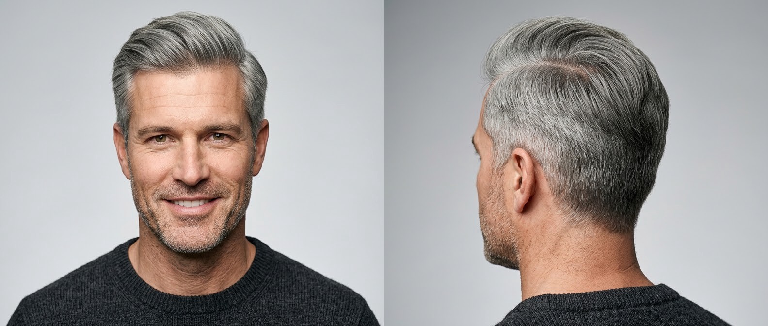 Mature man with thick silver gray hair styled in a formal comb over with tapered sides, a side part, and front volume, front and side view.