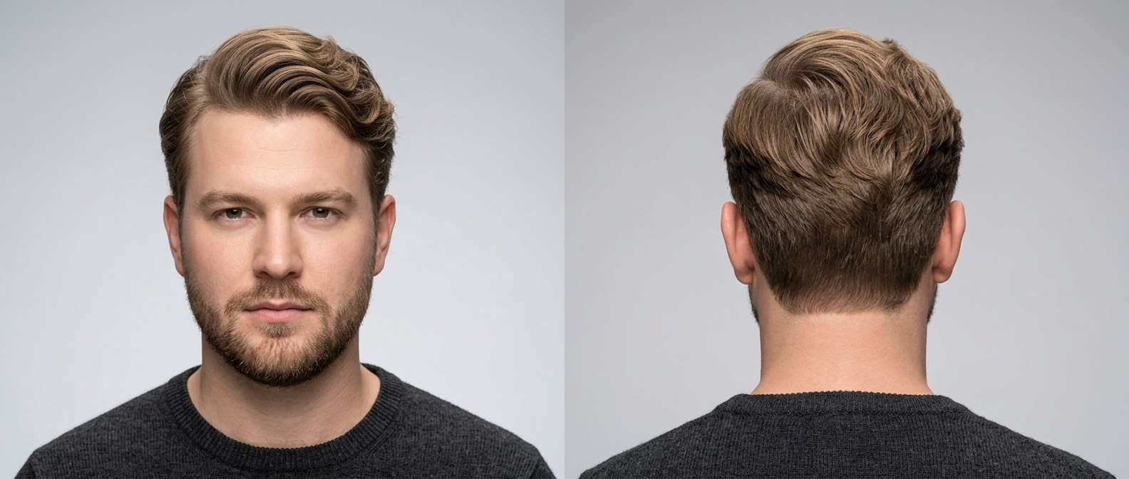 Front and back view of a Caucasian man modeling a textured wavy comb-over hairstyle, featuring a voluminous sweeping quiff, soft tapered sides, and a short beard.