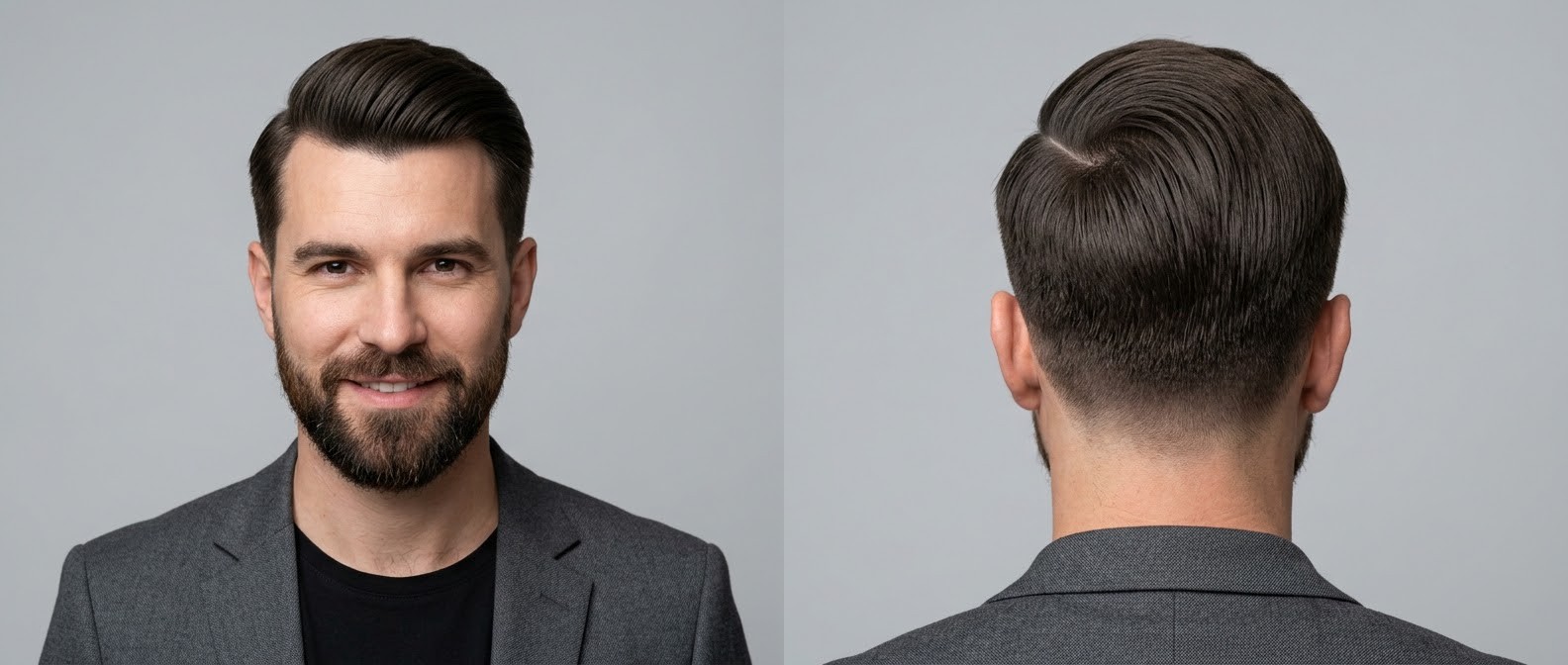 Front and back view of a Caucasian man with thick dark brown hair styled in a classic tapered comb over with volume, paired with a neat beard.
