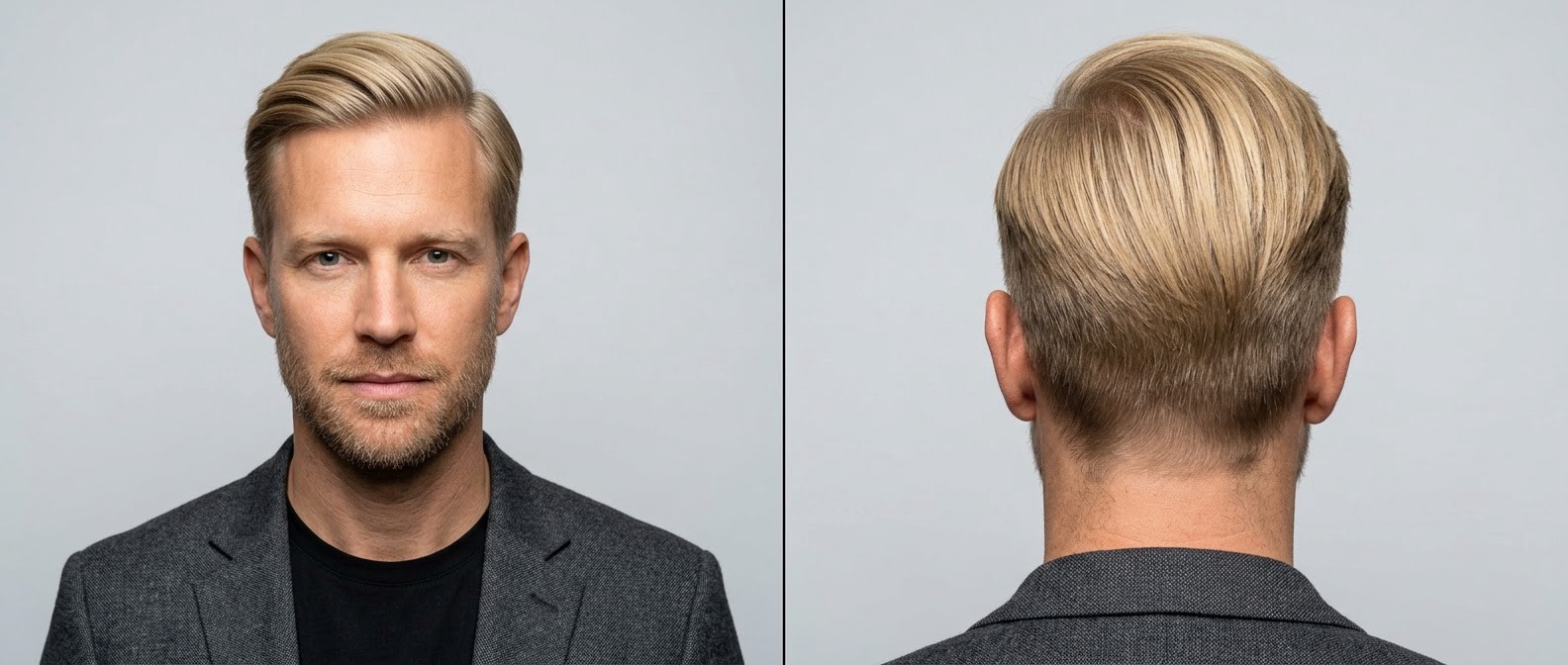 Blonde man aged 35-45 with a classic executive comb over, featuring voluminous swept-back top, soft tapered sides, and a neat short beard.