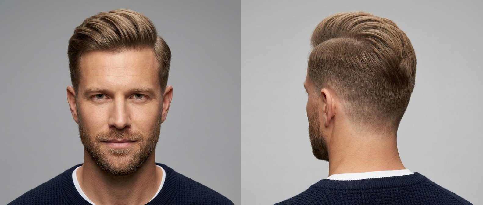 Hombre de 35-45 años con barba corta, luciendo un corte comb-over texturizado con low taper fade y volumen hacia atrás.