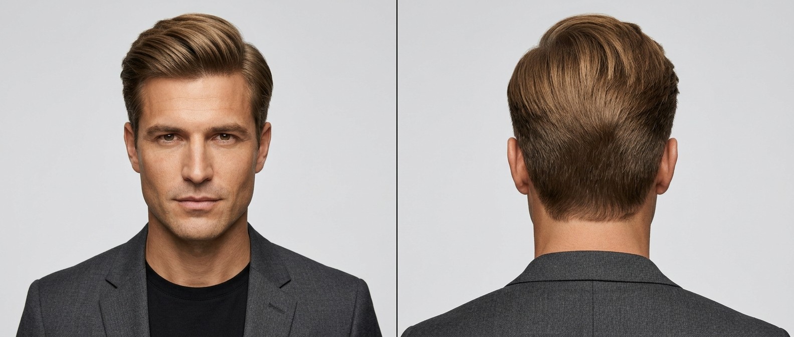 Vista frontal y lateral de un hombre de 35-45 años con cabello castaño claro, luciendo un comb-over voluminoso con acabado mate.