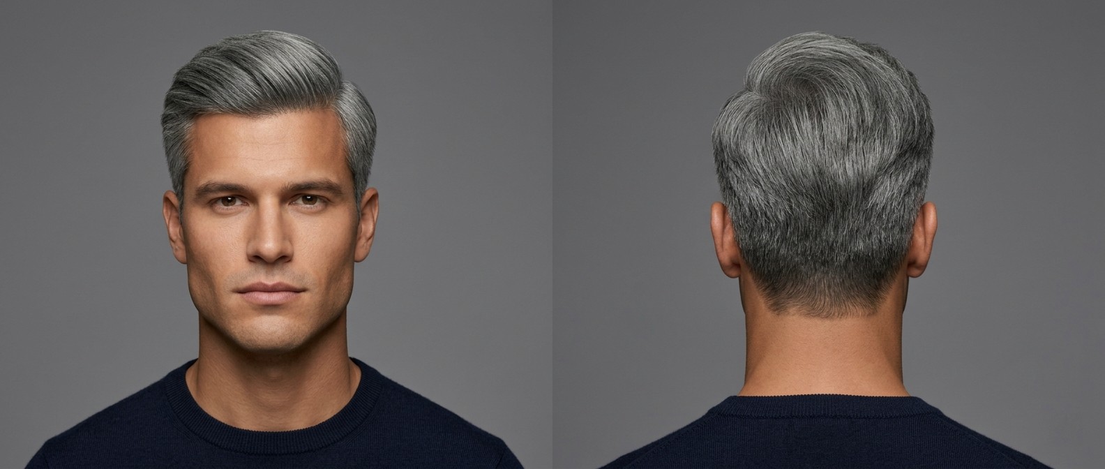 Retrato de un hombre con cabello plateado y denso luciendo un elegante comb over con volumen superior y laterales degradados.
