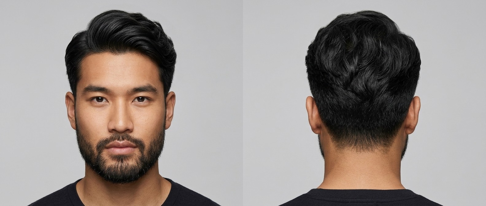 Vista frontal y trasera de un hombre joven con un peinado comb over ondulado, laterales degradados y barba bien cuidada sobre fondo gris claro.