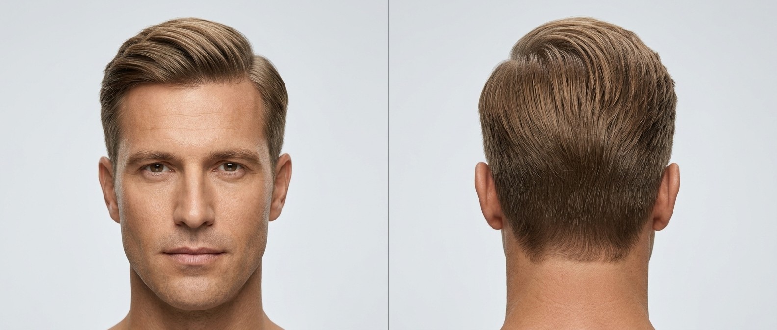 Vista frontal y posterior de un hombre de 45 años con cabello castaño claro, luciendo un corte ejecutivo comb over con volumen y laterales degradados.