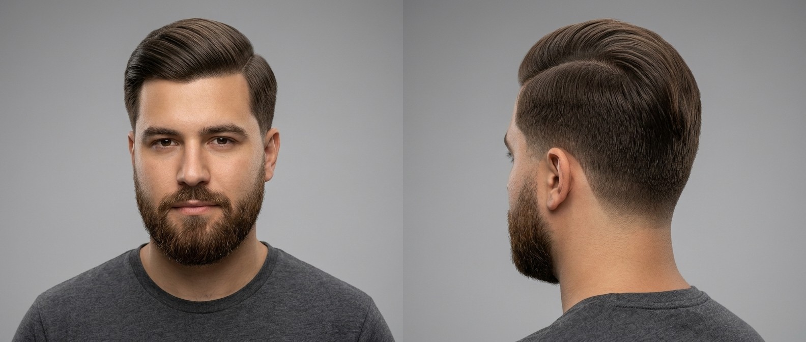 Hombre con peinado comb over clásico, raya lateral marcada, volumen medio, laterales cortos y barba bien cuidada.