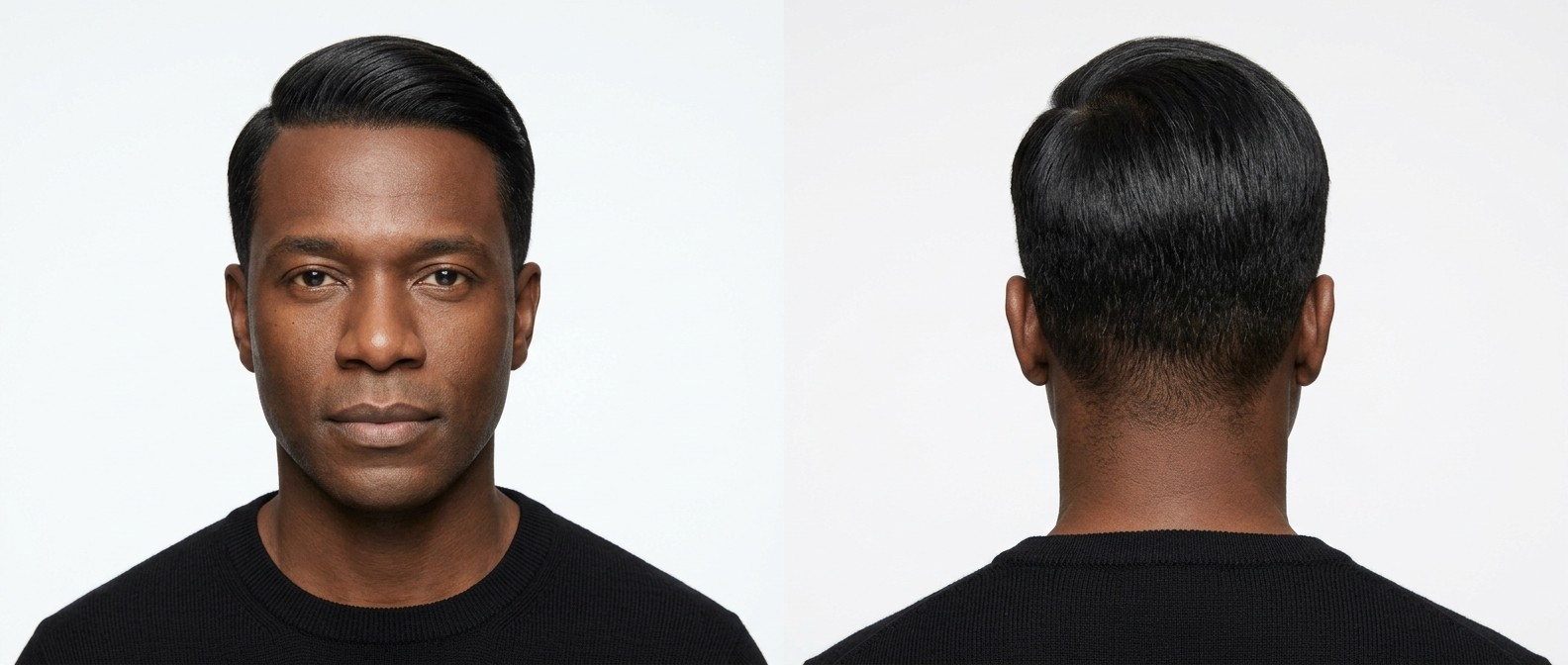 Vista frontal y posterior de un hombre negro maduro con un peinado comb over liso, raya lateral profunda y laterales degradados.