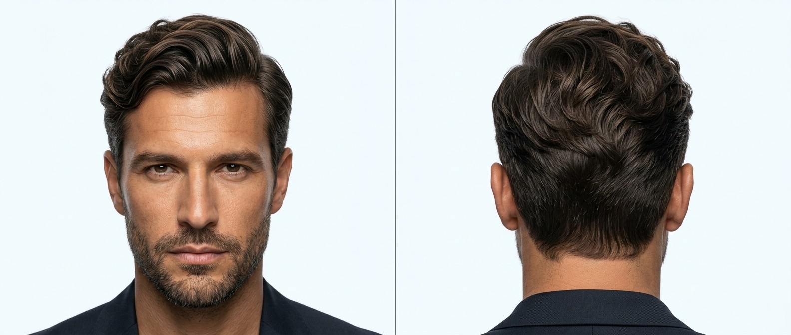Vista frontal y lateral de un hombre de 35 a 45 años con un corte comb over ondulado, laterales degradados y barba corta.