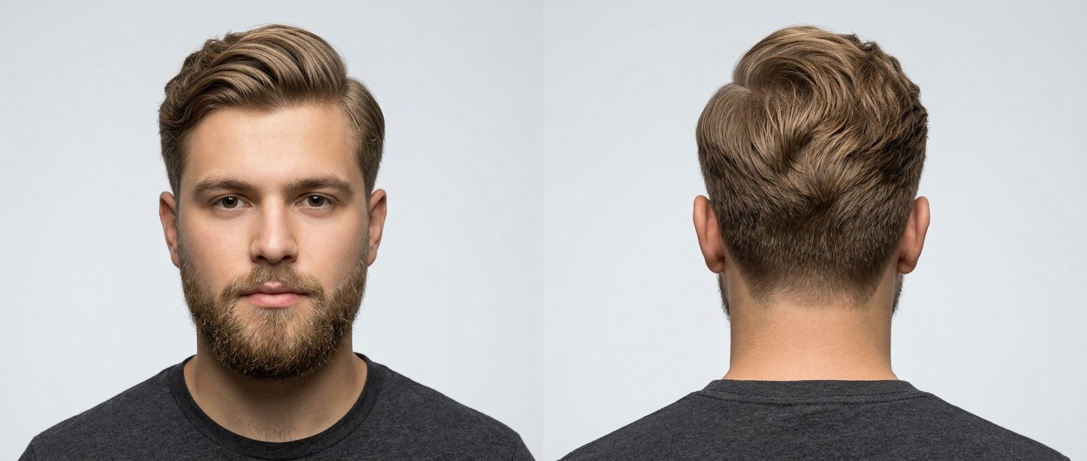 Vista frontal y trasera de un hombre con barba luciendo un peinado comb over ondulado con laterales degradados y volumen texturizado.