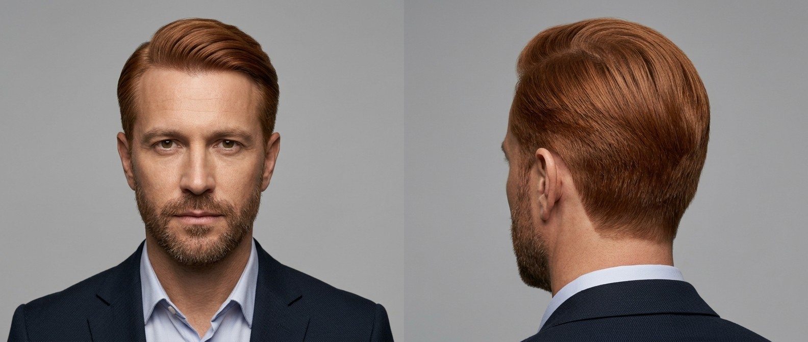 Mature Caucasian man with red hair and a short beard modeling a classic executive comb over with scissor-cut sides and a medium-length swept top.