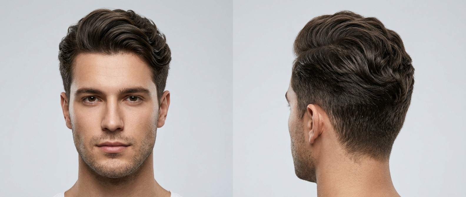 Front- und Seitenansicht eines jungen Mannes mit dichtem, dunkelbraunem, welligem Haar, gestylt als moderner Tapered Comb Over mit Volumen am Vorderkopf.