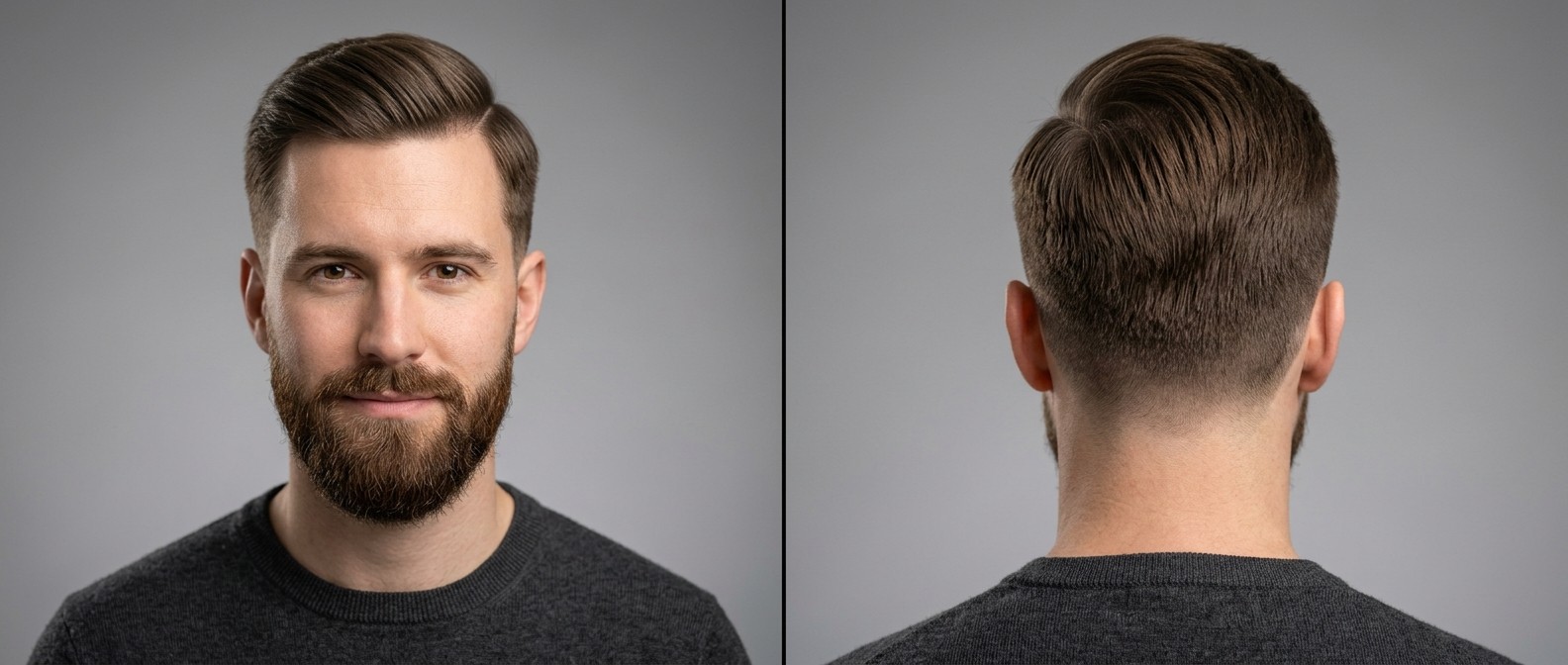 Front and back view of a Caucasian man with a beard wearing a classic comb over hairstyle with a taper fade and medium length top.