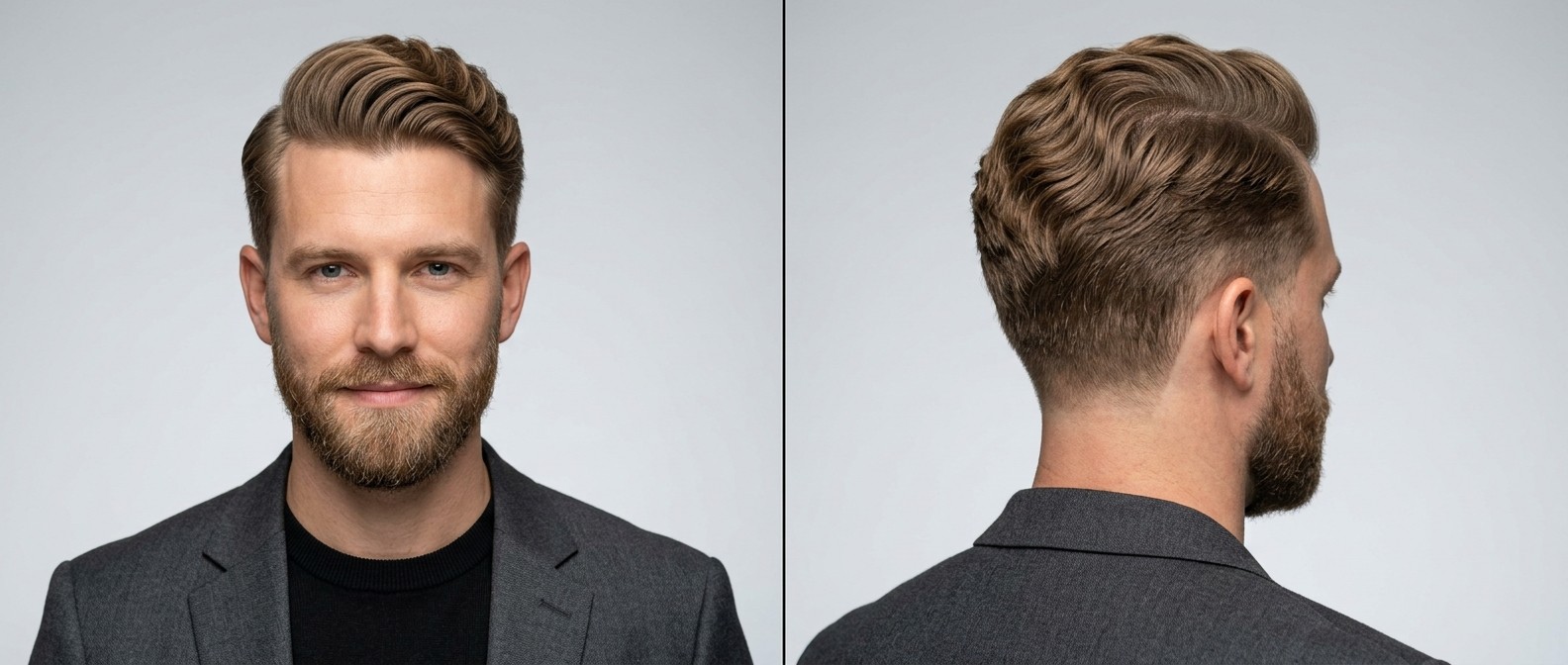 A Caucasian man with a neatly groomed beard sporting a wavy comb over hairstyle with short tapered sides and voluminous textured medium-length top.
